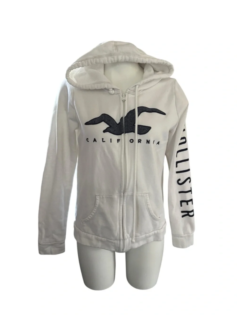 Hollister White Full-Zip Hoodie with Navy Logo - Picture 3 of 7